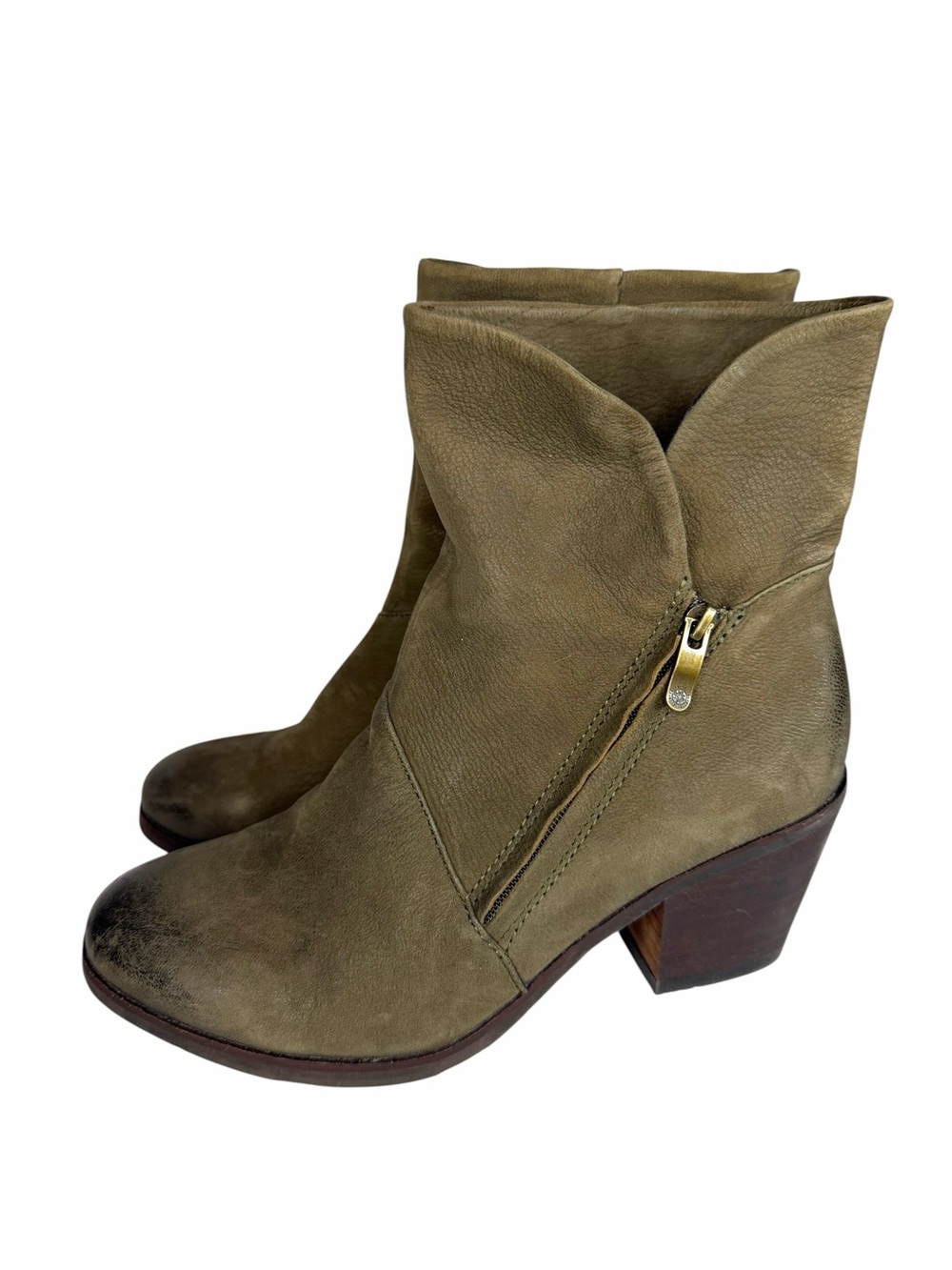 Bussola Reiiavik Asymmetrical Olive Green Leather  Zip Heeled Boots Sz 38 - Picture 3 of 7